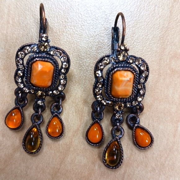 Vintage Orange Stone Brown Cubic Zirconia Dangle Earrings with Clasp Backing - Picture 1 of 12